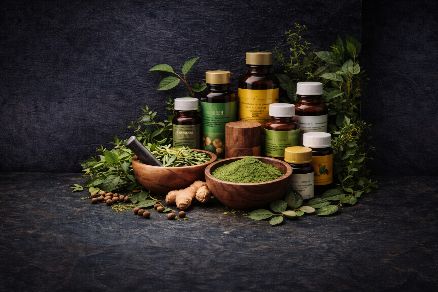 Herbal medicine products arranged with natural herbs